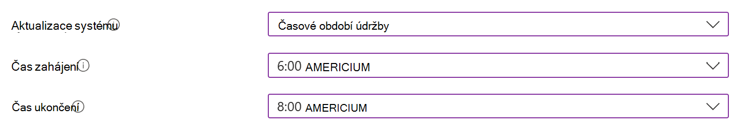 Snímek obrazovky znázorňující nastavení aktualizace systému s časovým obdobím údržby pro zařízení s Androidem Enterprise v Centru pro správu Microsoft Intune