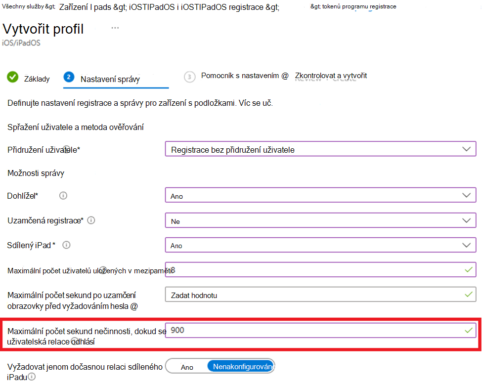 Snímek obrazovky, který ukazuje, jak se zaregistrovat bez přidružení uživatele a jak nastavit hodnotu nečinnosti pro zařízení s iOS/iPadOS v Centru pro správu Microsoft Intune