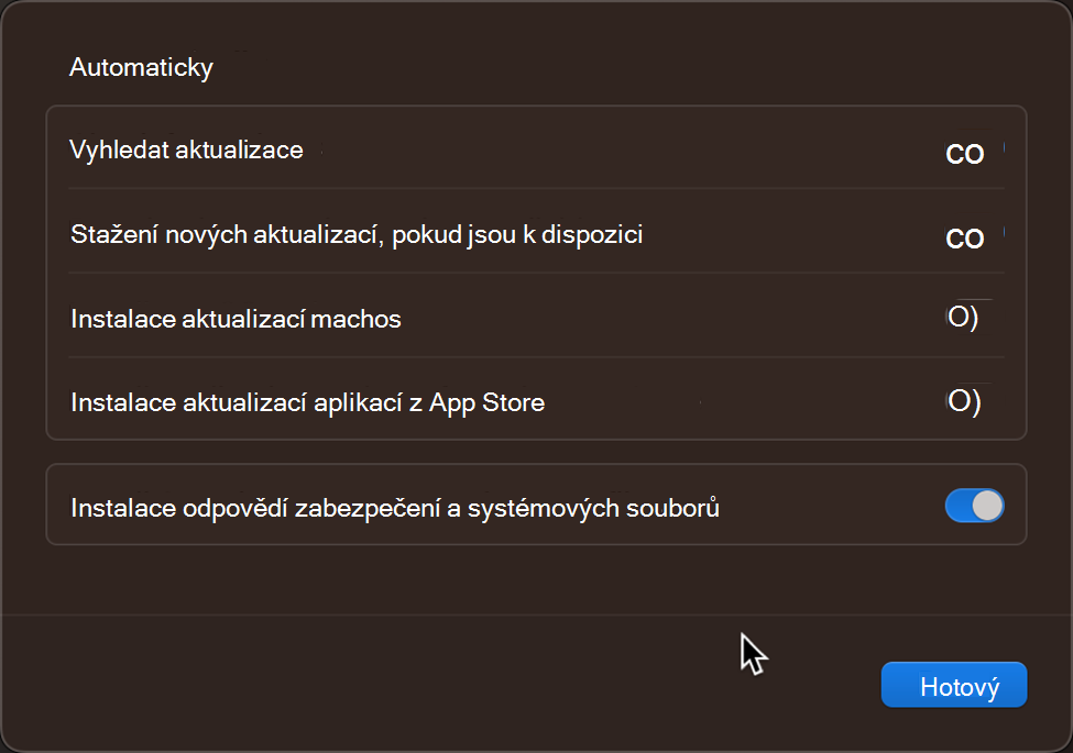 Výchozí nastavení a ovládací prvky aktualizací operačního systému na zařízení s macOS Apple.