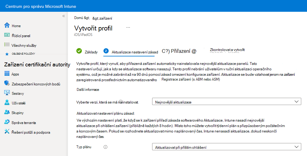 Snímek obrazovky znázorňující ukázková nastavení zásad aktualizace softwaru v Microsoft Intune