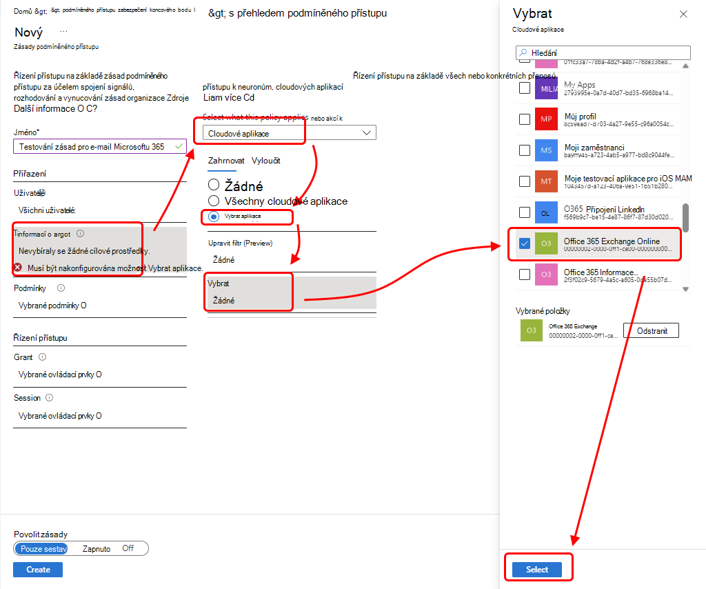 Vyberte Office 365 Exchange Online, které chcete přidat do zásady.