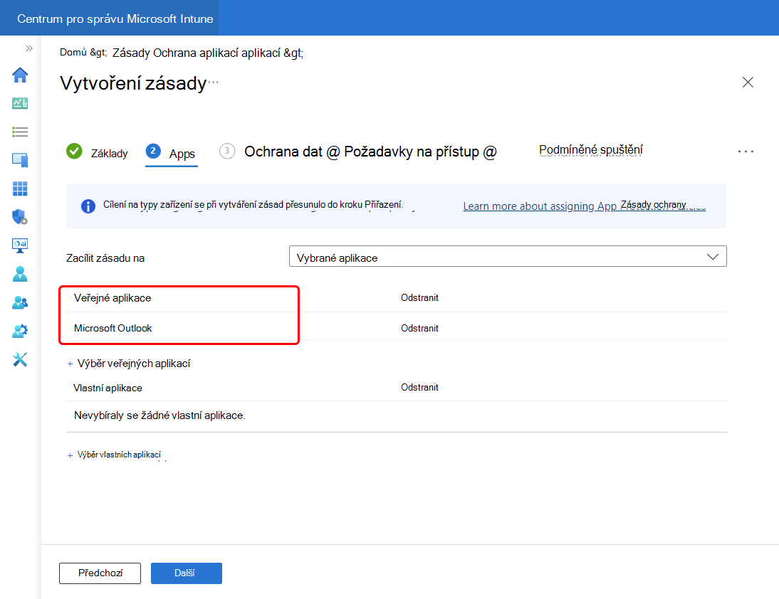 Vyberte Outlook a přidejte ho do seznamu Veřejných aplikací pro tuto zásadu.