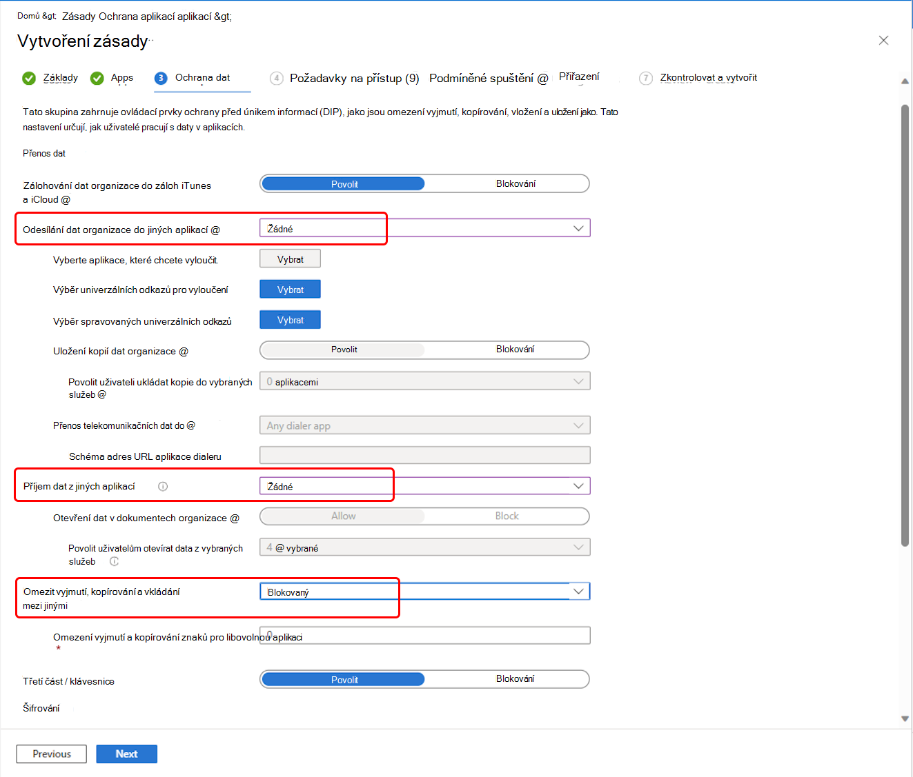 Vyberte nastavení přemístění dat v zásadách ochrany aplikací Outlook.