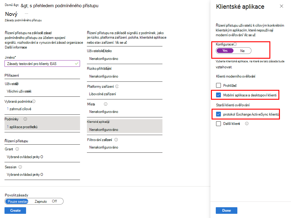 Nakonfigurujte klientské aplikace pro kategorii Podmínky.