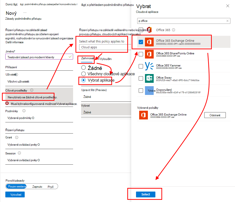 Vyberte aplikaci Office 365 Exchange Online.