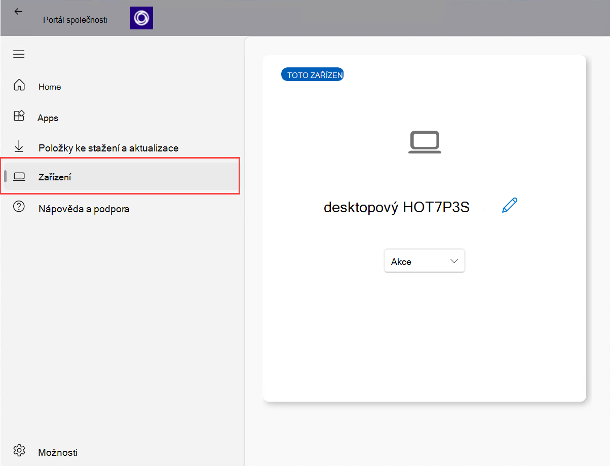 Snímek obrazovky aplikace Portál společnosti pro Windows se zvýrazněnou možností Zařízení