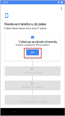 Příklad obrazovky Nastavení pracovního telefonu se zvýrazněním tlačítka Nastavit