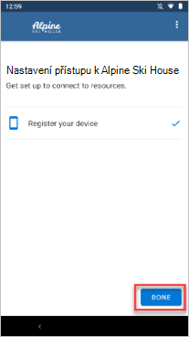 Příklad obrazovky Nastavení přístupu, registrace zařízení a zvýraznění tlačítka Hotovo
