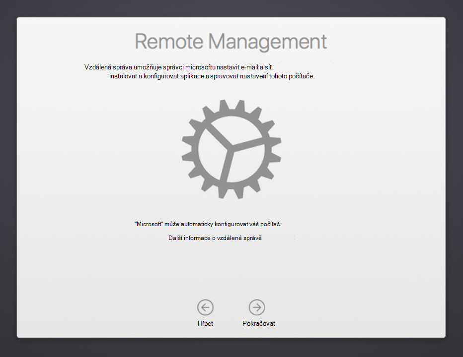 Snímek obrazovky Pomocníka s nastavením zařízení s macOS a obrazovkou vzdálené správy s textem vysvětlující vzdálenou správu a odkazem na dokumentaci, kde najdete další informace Zobrazuje se také tlačítko Zpět a Pokračovat.