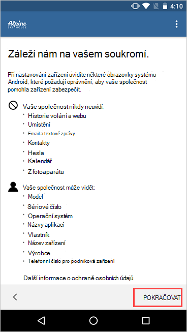 Snímek obrazovky s Portál společnosti, na které záleží na vašem soukromí a zvýrazněním tlačítka Pokračovat