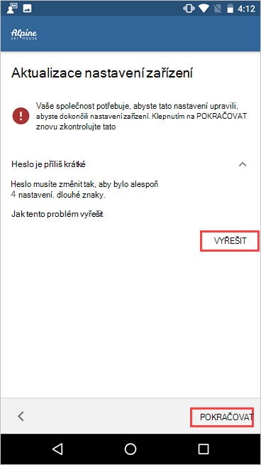 Snímek obrazovky s tlačítky Portál společnosti, Aktualizovat nastavení zařízení, zvýrazněním tlačítka Vyřešit a Pokračovat