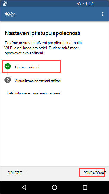 Snímek obrazovky Portál společnosti nastavení firemního přístupu zobrazující, že správa zařízení je dokončená.