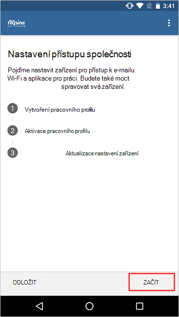 Snímek obrazovky Nastavení firemního přístupu se zvýrazněnou tlačítkem Začít