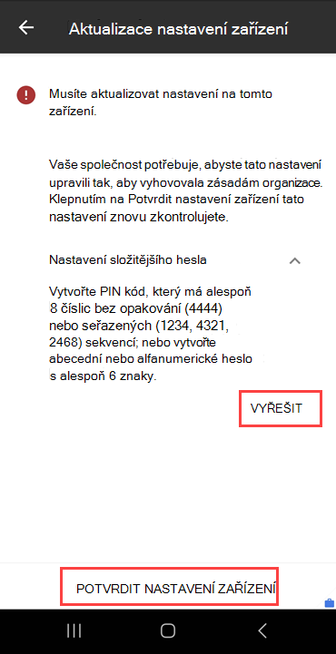 Snímek obrazovky Portál společnosti Update device settings (Aktualizovat nastavení zařízení) se zvýrazněnou možností RESOLVE (VYŘEŠIT) a CONFIRM DEVICE SETTINGS (POTVRDIT NASTAVENÍ ZAŘÍZENÍ)