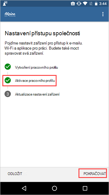 Snímek obrazovky nastavení firemního přístupu zobrazující aktivní pracovní profil