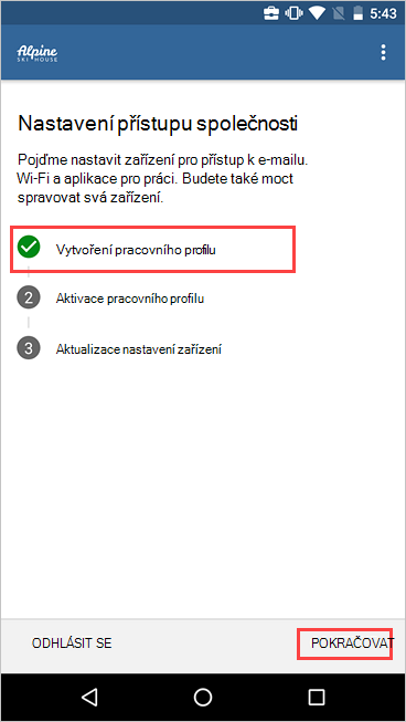 Snímek obrazovky s nastavením přístupu společnosti zobrazující vytvořený pracovní profil