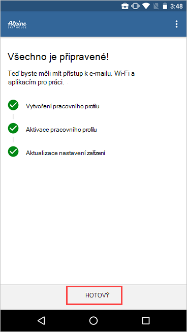 Snímek obrazovky nastavení firemního přístupu Portál společnosti s tlačítkem Dokončené nastavení a zvýrazněním tlačítka Hotovo