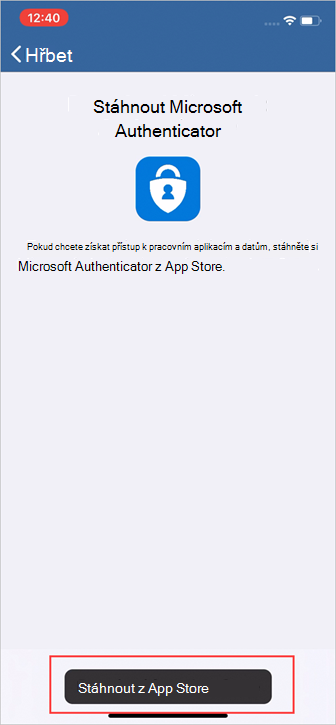 Ukázkový snímek obrazovky s Portál společnosti stáhnout aplikaci Microsoft Authenticator