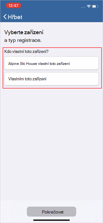 Příklad snímku obrazovky s Portál společnosti, obrazovkou Výběr typu zařízení a registrace a možností typu zařízení