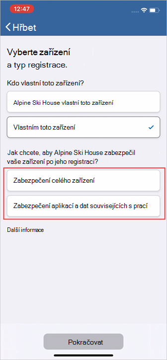 Ukázkový snímek obrazovky s Portál společnosti, obrazovkou Vybrat zařízení a typ registrace a možnostmi typu registrace