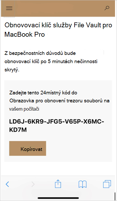 Snímek obrazovky Portál společnosti webu se zobrazeným obnovovacím klíčem