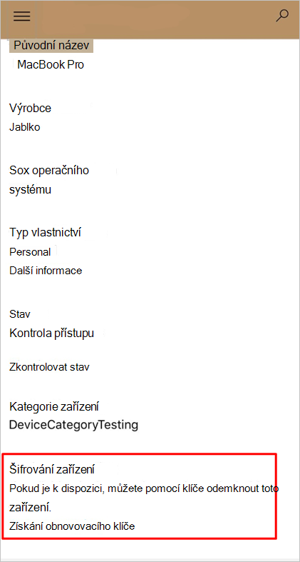 Snímek obrazovky Portál společnosti webu se zvýrazněnou částí Získat obnovovací klíč