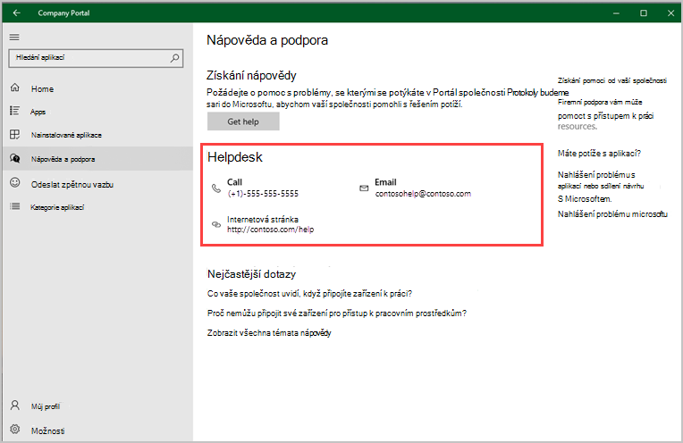 Snímek obrazovky aplikace Portál společnosti pro Windows, stránky Nápověda & Podpora se zvýrazněnou částí Helpdesk