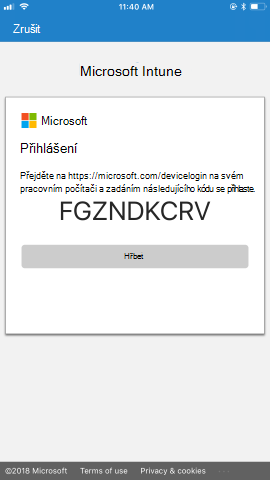 Jsou k dispozici pokyny pro přechod na https://microsoft.com/devicelogin stránku s jedinečným heslem z pracovního počítače a následné použití kódu k přihlášení.