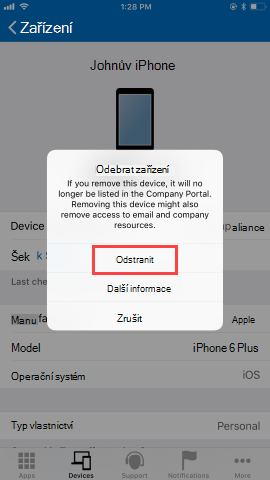 Snímek obrazovky Zařízení Portál společnosti aplikace zobrazující možnosti po kliknutí uživatele na tlačítko Odebrat zařízení Zobrazuje červeně zvýrazněné tlačítko Odebrat a modře zvýrazněné tlačítko Další informace a tlačítko Zrušit.