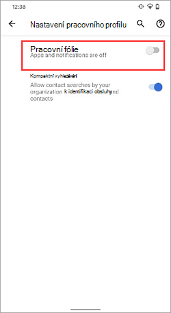 Snímek obrazovky s vypnutým přepínačem Pracovního profilu v nastavení zařízení Google Pixel 4