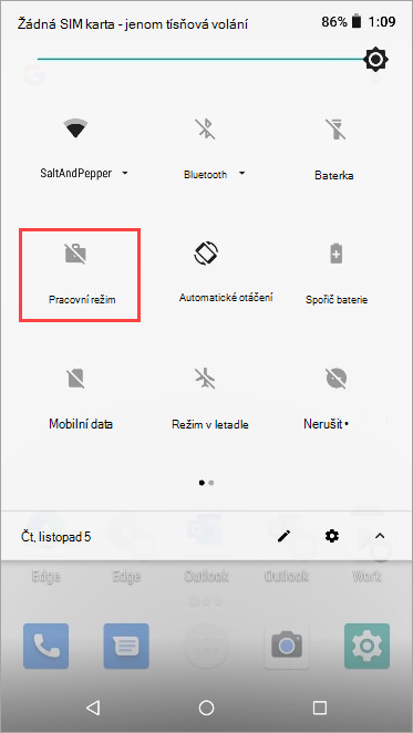 Snímek obrazovky s ikonou neaktivního pracovního režimu v rychlém nastavení nexusu 5X