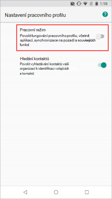 Snímek obrazovky se zapnutým přepínačem Pracovního profilu v nastavení zařízení Nexus 5X