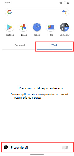 Snímek obrazovky s vypnutým přepínačem pracovního profilu na panelu aplikací v zařízení Samsung Galaxy S20.