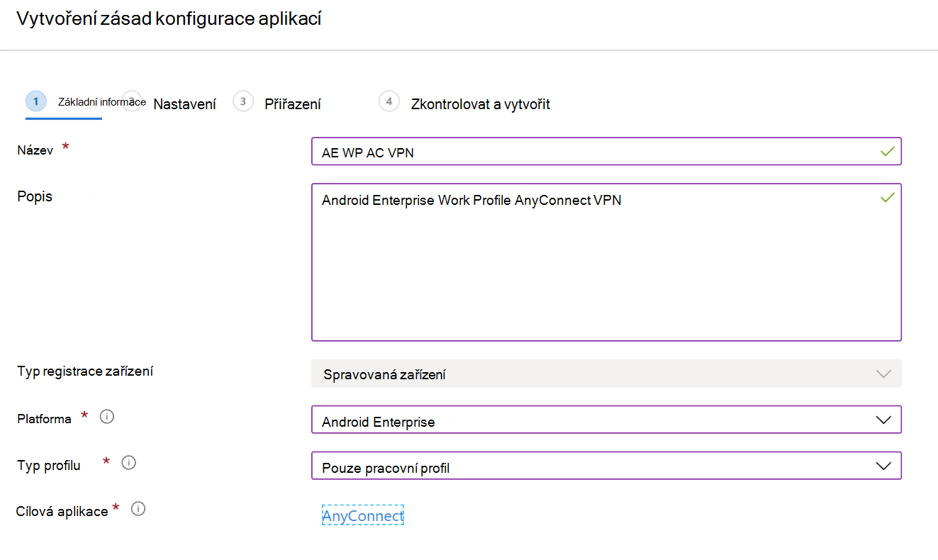 Vytvoření zásady konfigurace aplikace pro konfiguraci sítě VPN nebo SÍTĚ VPN pro jednotlivé aplikace v Microsoft Intune