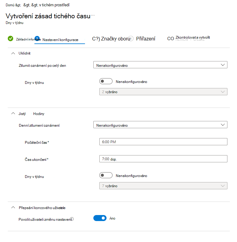 Snímek obrazovky s Microsoft Intune období klidu – Konfigurace zásad dnů v týdnu