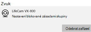 Kamera je blokovaná zprávou zásad skupiny na zařízení s Windows.