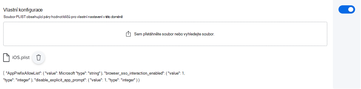 Snímek obrazovky znázorňující ukázkovou vlastní konfiguraci se souborem PLIST pro Jamf Pro