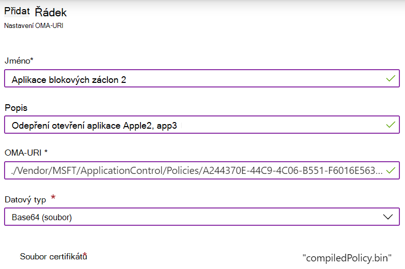 Přidejte vlastní OMA-URI pro konfiguraci applicationControl CSP v Microsoft Intune.