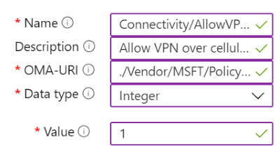 Snímek obrazovky znázorňující příklad vlastní zásady obsahující nastavení SÍTĚ VPN v Microsoft Intune