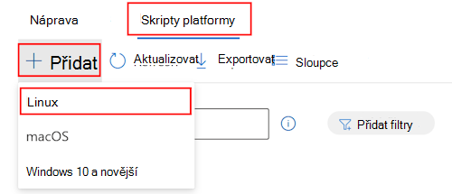 Snímek obrazovky, který ukazuje, jak vybrat zařízení, skripty, přidat a vybrat Linux z rozevíracího seznamu pro přidání vlastního skriptu Bash v Microsoft Intune