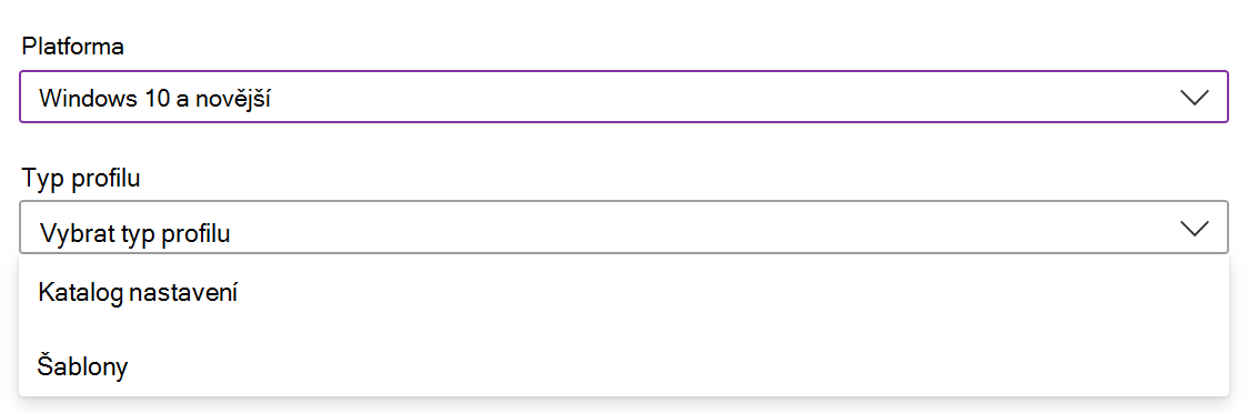 Snímek obrazovky, který ukazuje, jak vytvořit zásadu a profil konfigurace zařízení s Windows v Microsoft Intune