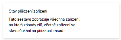 Snímek obrazovky se sestavou stavu přiřazení zařízení v Microsoft Intune a Centru pro správu Intune