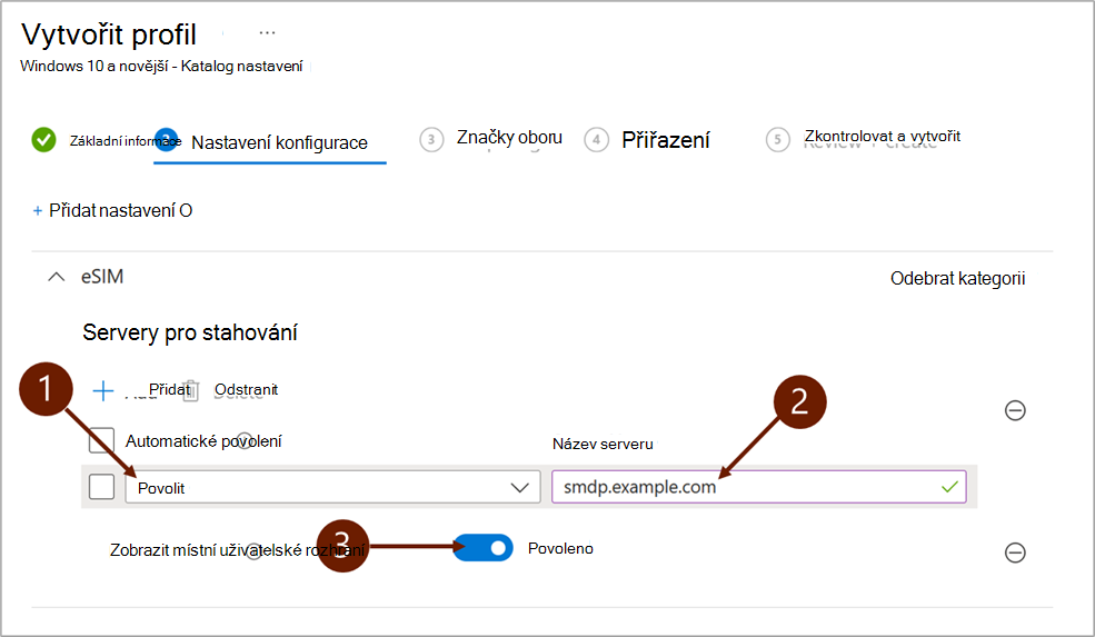 Snímek obrazovky znázorňující nastavení konfigurace při přidávání serveru pro stahování eSIM v Microsoft Intune