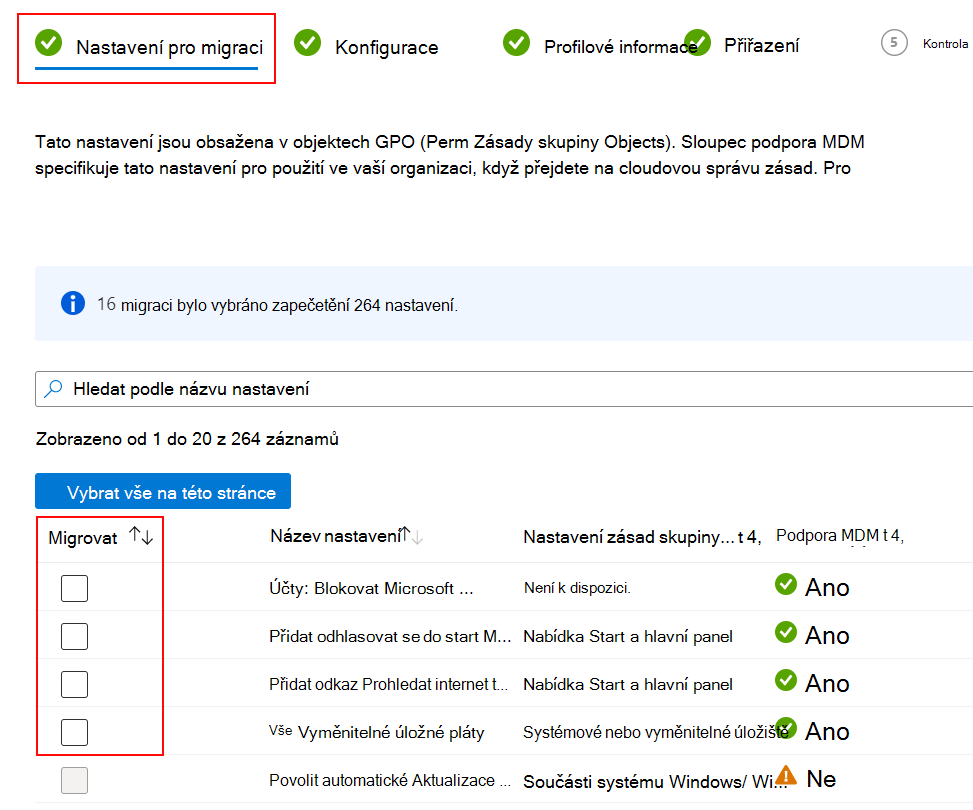 Snímek obrazovky znázorňující nastavení pro migraci a postup zaškrtnutí políčka Migrovat v Microsoft Intune