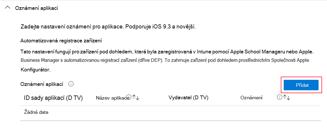 Přidání oznámení aplikace do konfiguračního profilu funkcí zařízení s iOS/iPadOS v Microsoft Intune