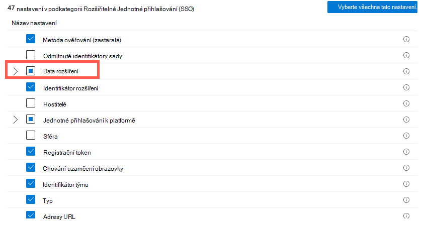 Snímek obrazovky znázorňující výběr nastavení katalogu nastavení a výběr ověřování a dat rozšíření v Microsoft Intune