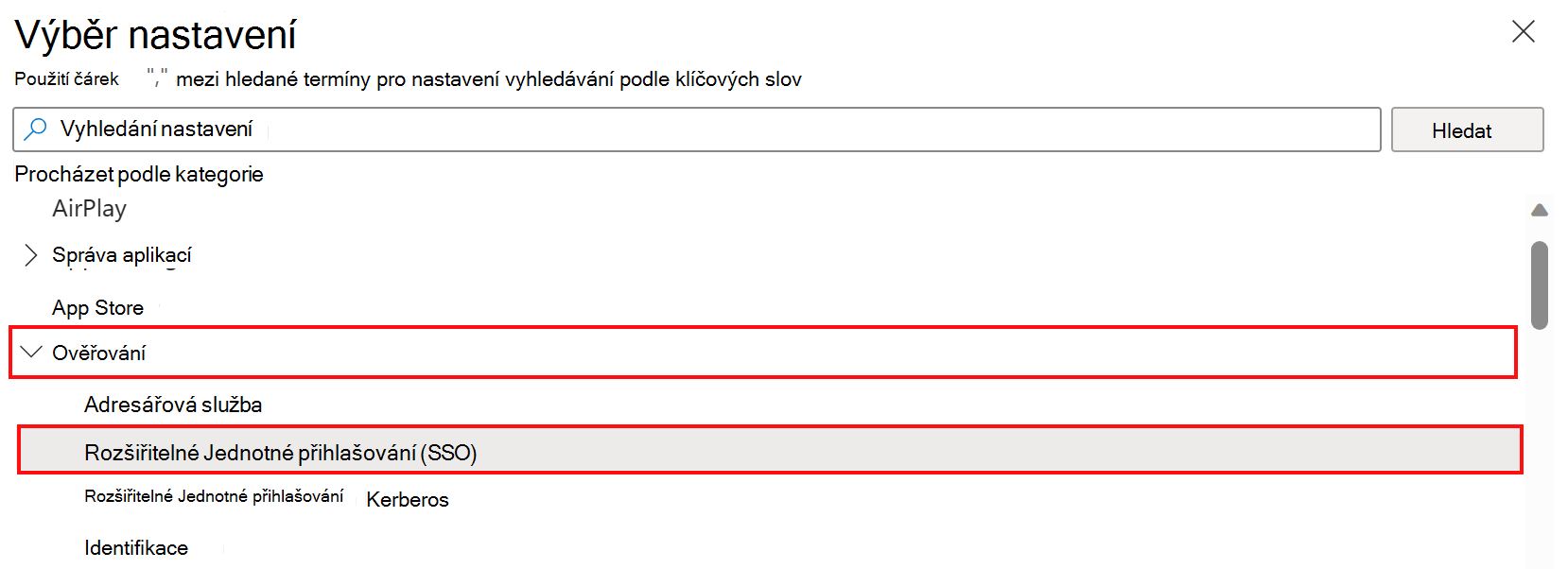 Snímek obrazovky znázorňující výběr nastavení katalogu Nastavení a výběr kategorie ověřování a rozšiřitelné jednotné přihlašování v Microsoft Intune