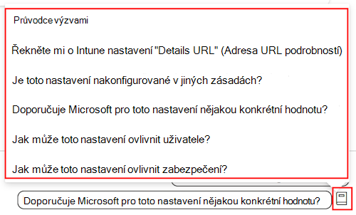 Snímek obrazovky znázorňující příručku k výzvě Nastavení Copilotu a seznam dostupných výzev v katalogu nastavení v Microsoft Intune a Centru pro správu Intune