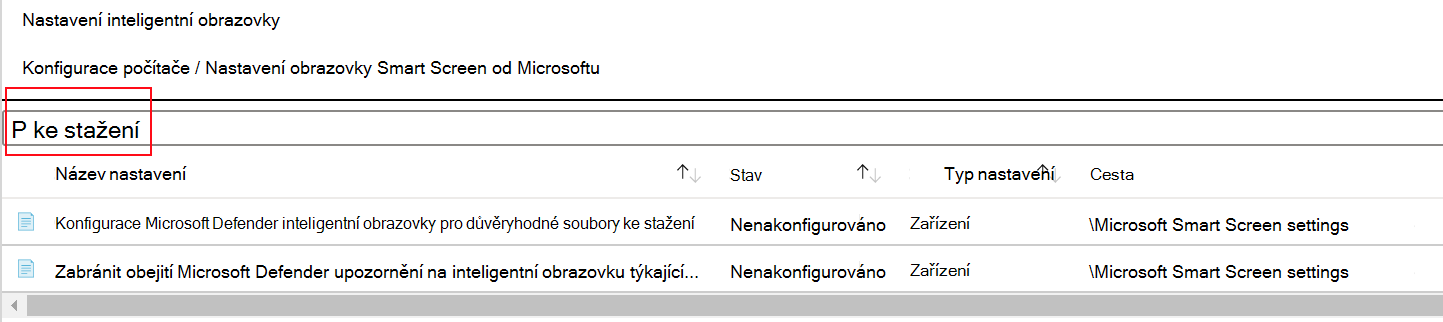 Snímek obrazovky, který ukazuje, jak filtrovat nastavení zásad SmartScreen v aplikaci Microsoft Edge v šabloně Microsoft Intune ADMX