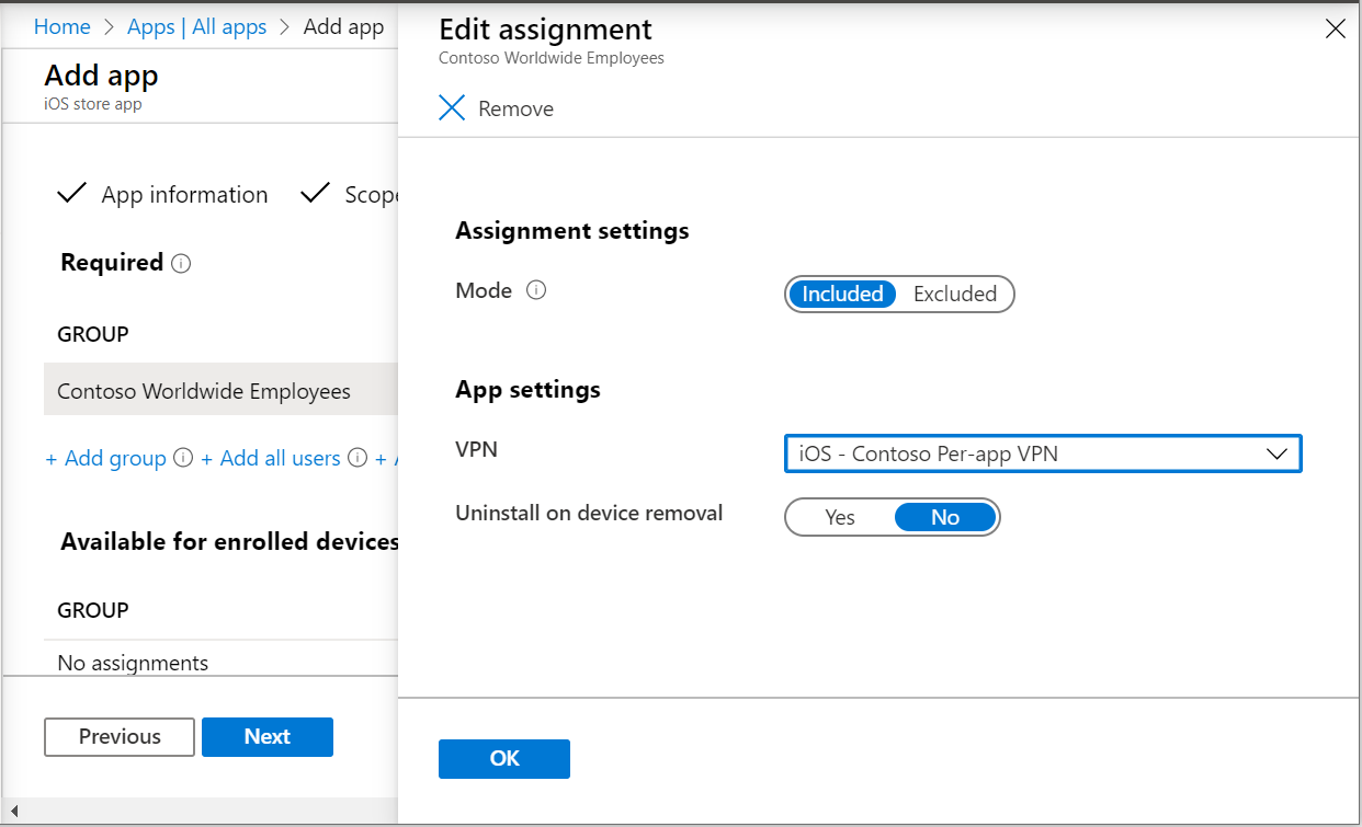 Dva snímky obrazovky znázorňující přiřazení aplikace k profilu VPN pro jednotlivé aplikace v centru pro správu Microsoft Intune a Intune